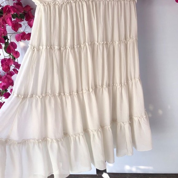 Medium White Beige Flutter Knee length Spring Summer Swing Dress - Picture 4 of 10